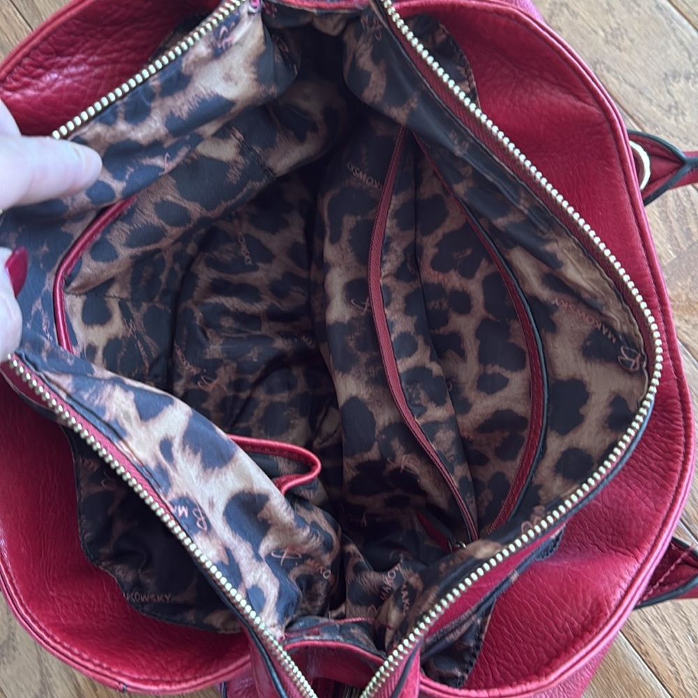 B. Makowsky Crimson leather handbag with animal print interior. just fabulous! - Picture 10 of 14